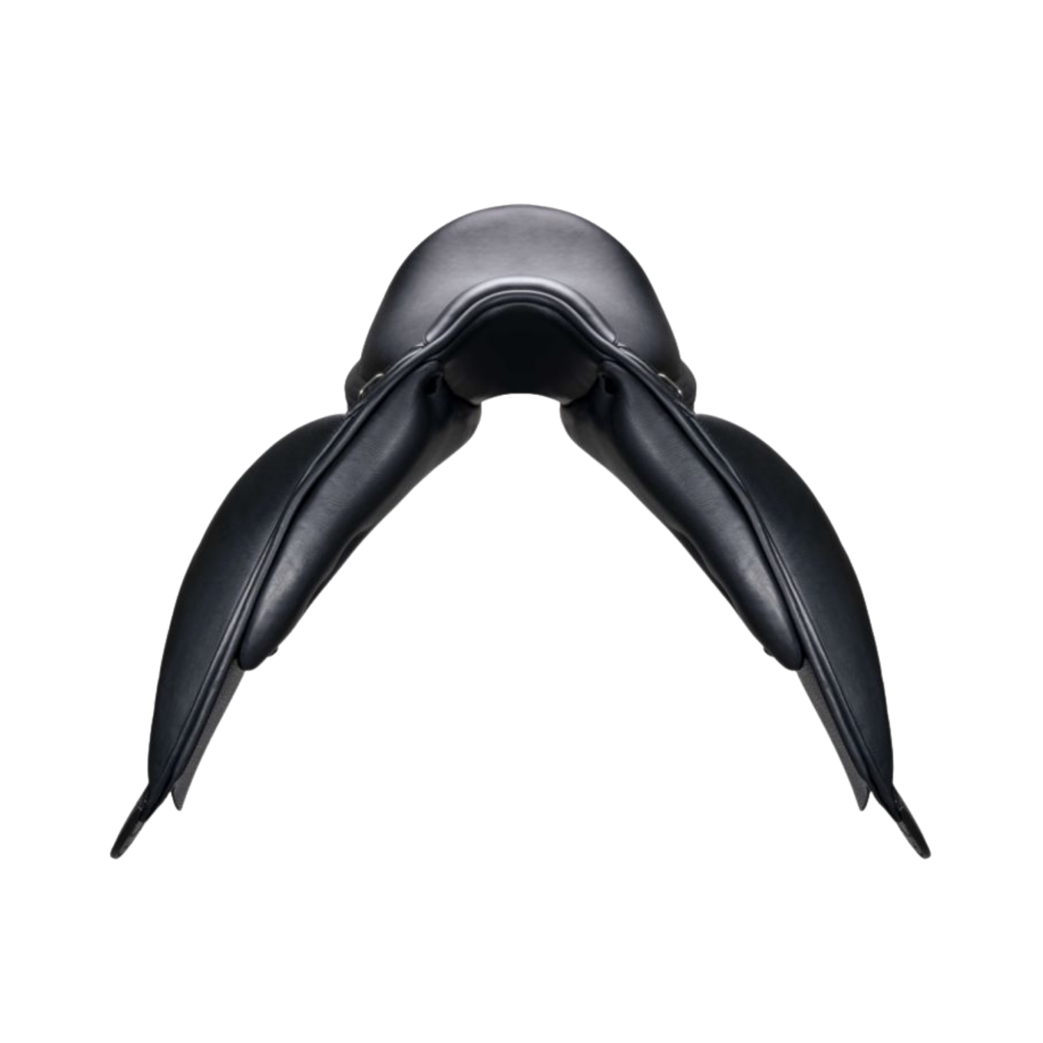 Front view of a black leather Equipe Glamour dressage saddle.