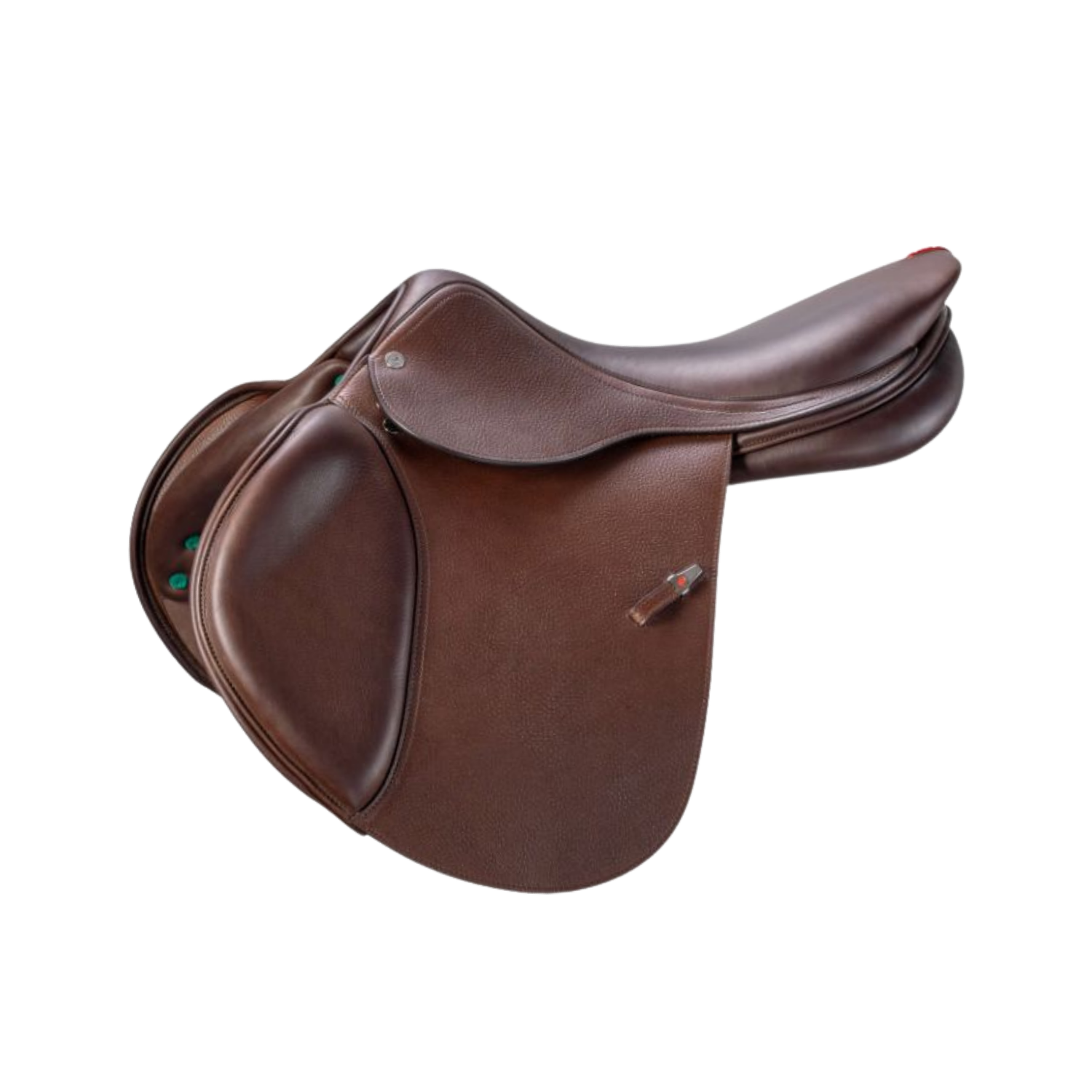 Side view of a brown leather Equipe Grand Prix jump saddle with a small sliver and red stirrup keeper accent, shown on a plain white background.
