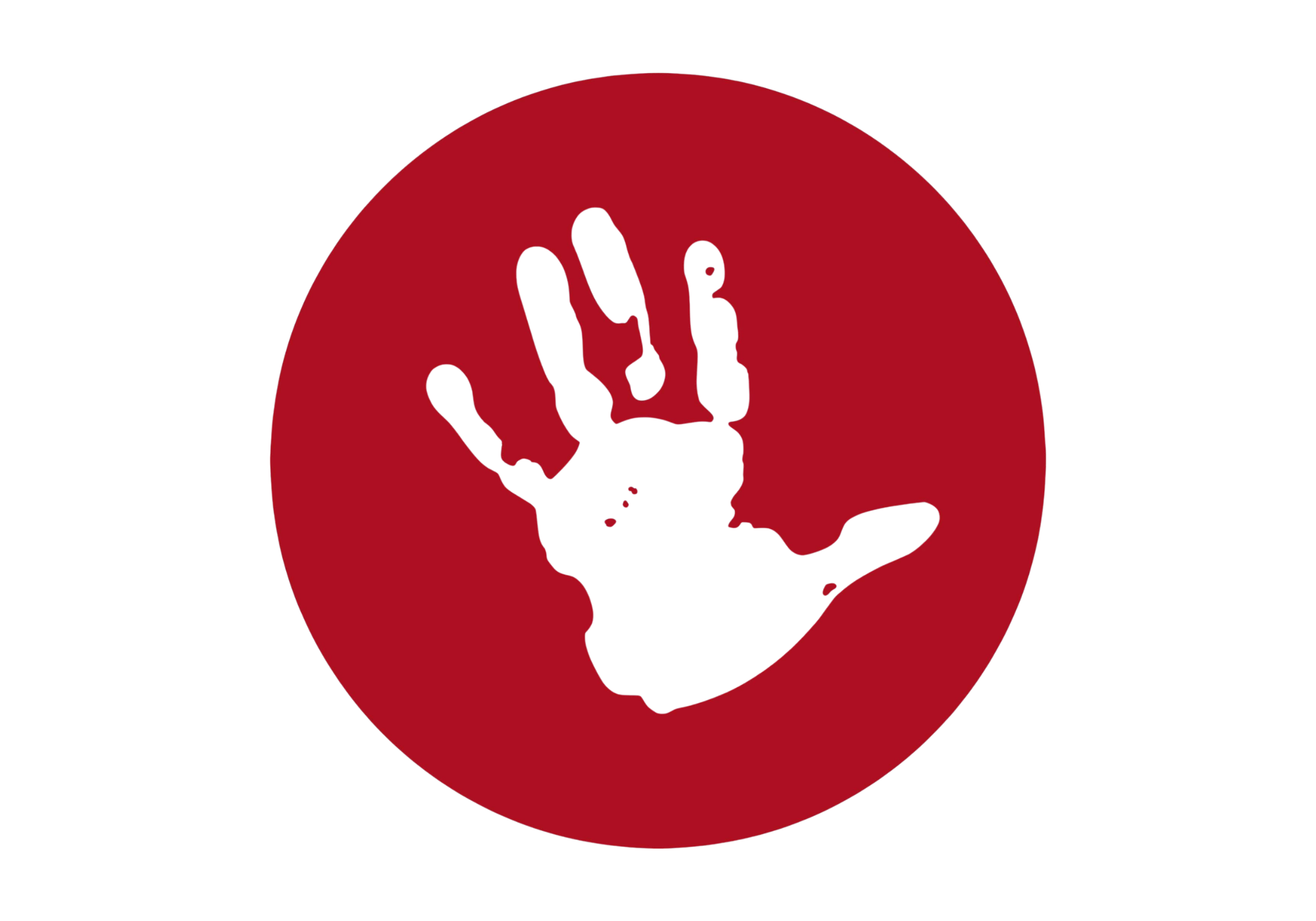 A red circular logo with a white handprint centered on a plain white background.