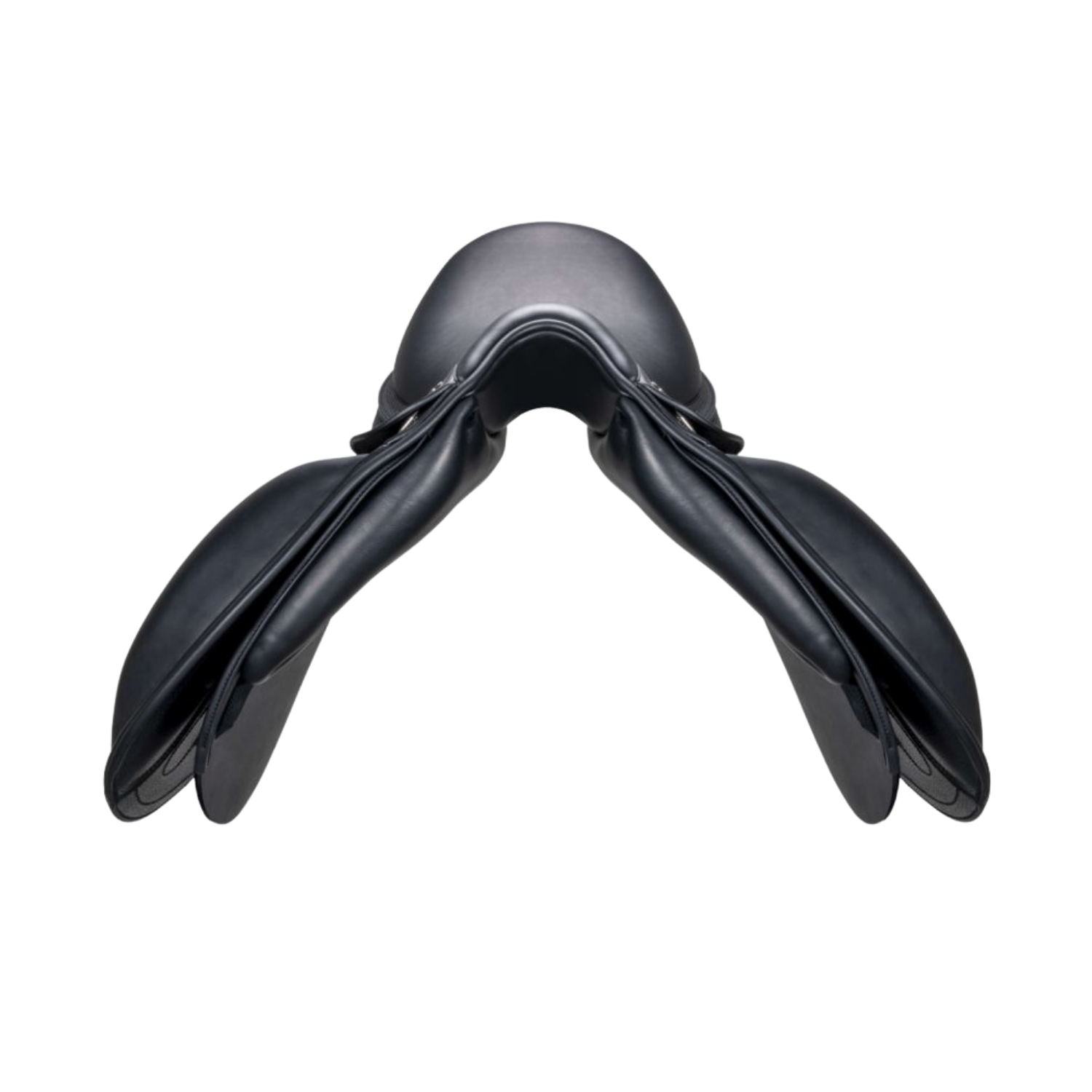 Front view of a black leather Equipe Oracle dressage saddle.