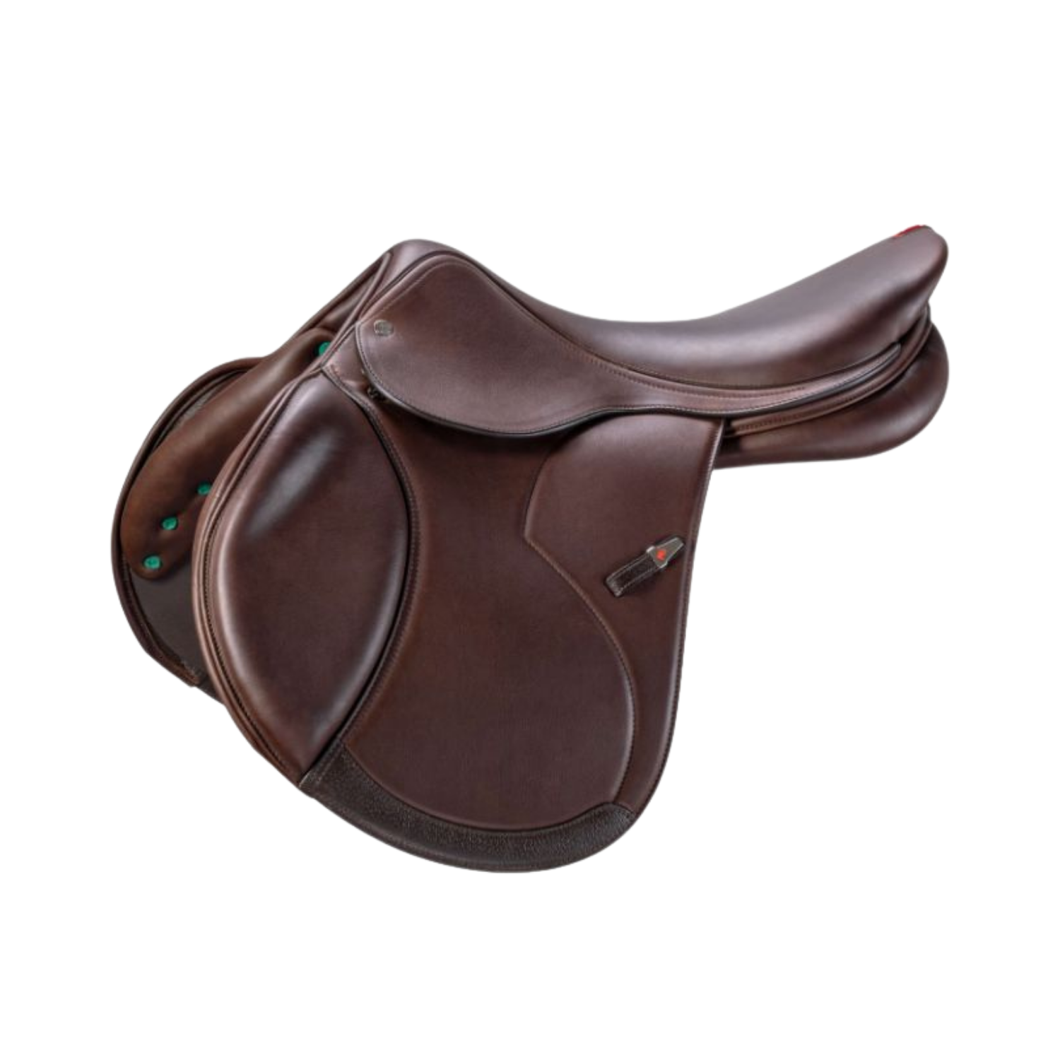 Side view of a brown leather Equipe Performance jump saddle with a small sliver and red stirrup keeper accent, shown on a plain white background.