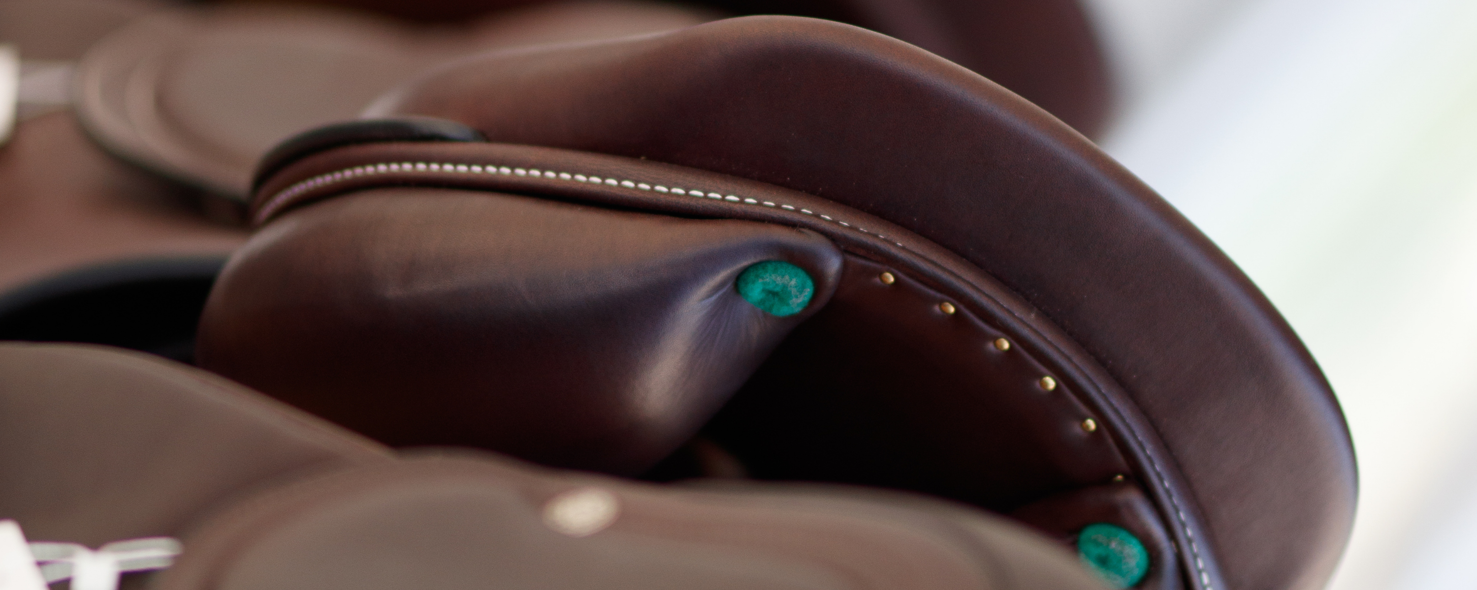 Close-up of a dark brown leather saddle with brown welting and white stitching.