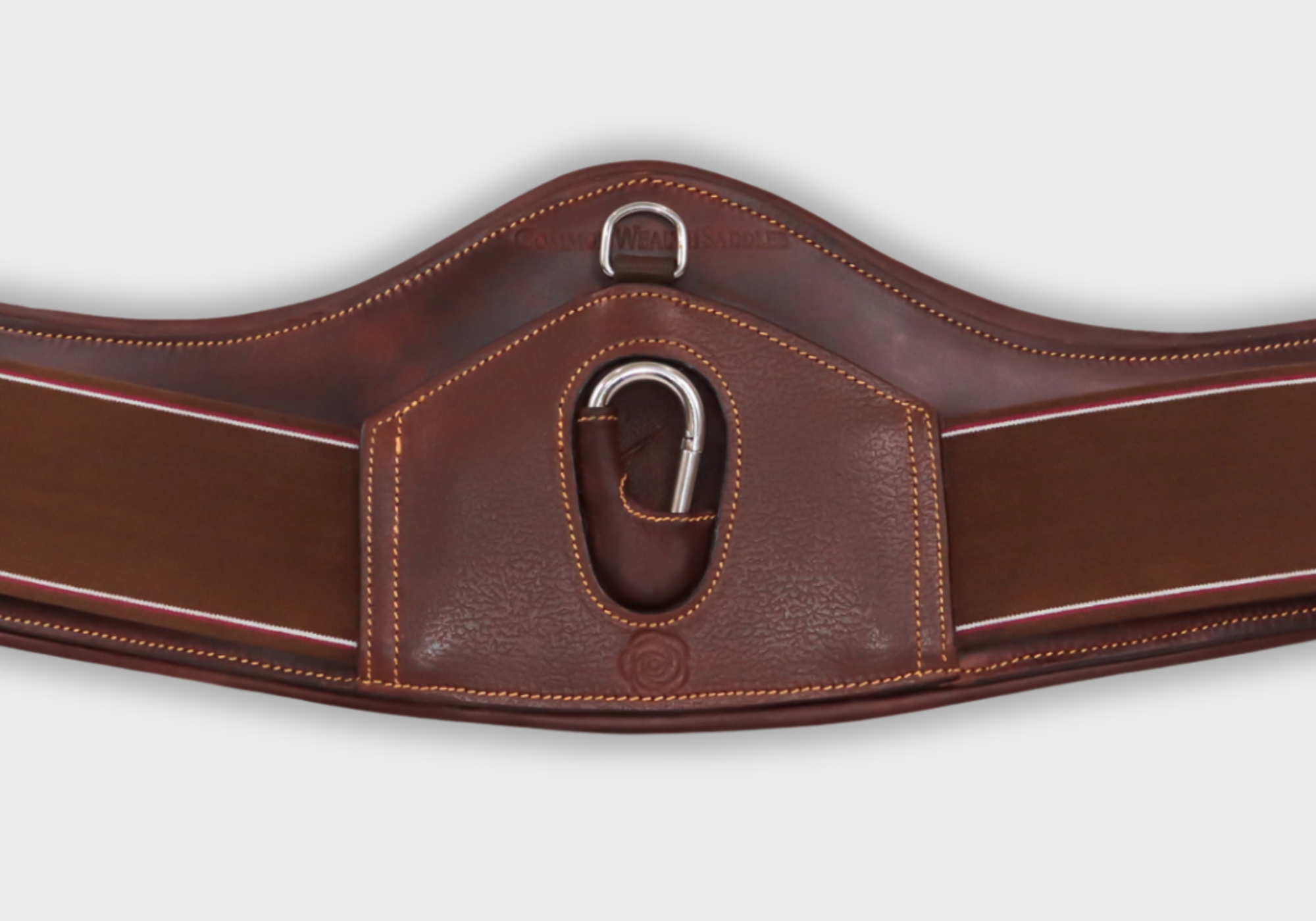 Brown leather girth with elastic side panels and chrome center carabiner on a white background