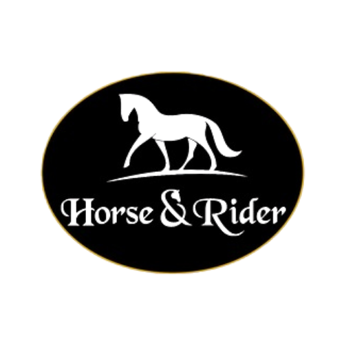 Logo of 'Horse & Rider' with a white horse silhouette on a black background