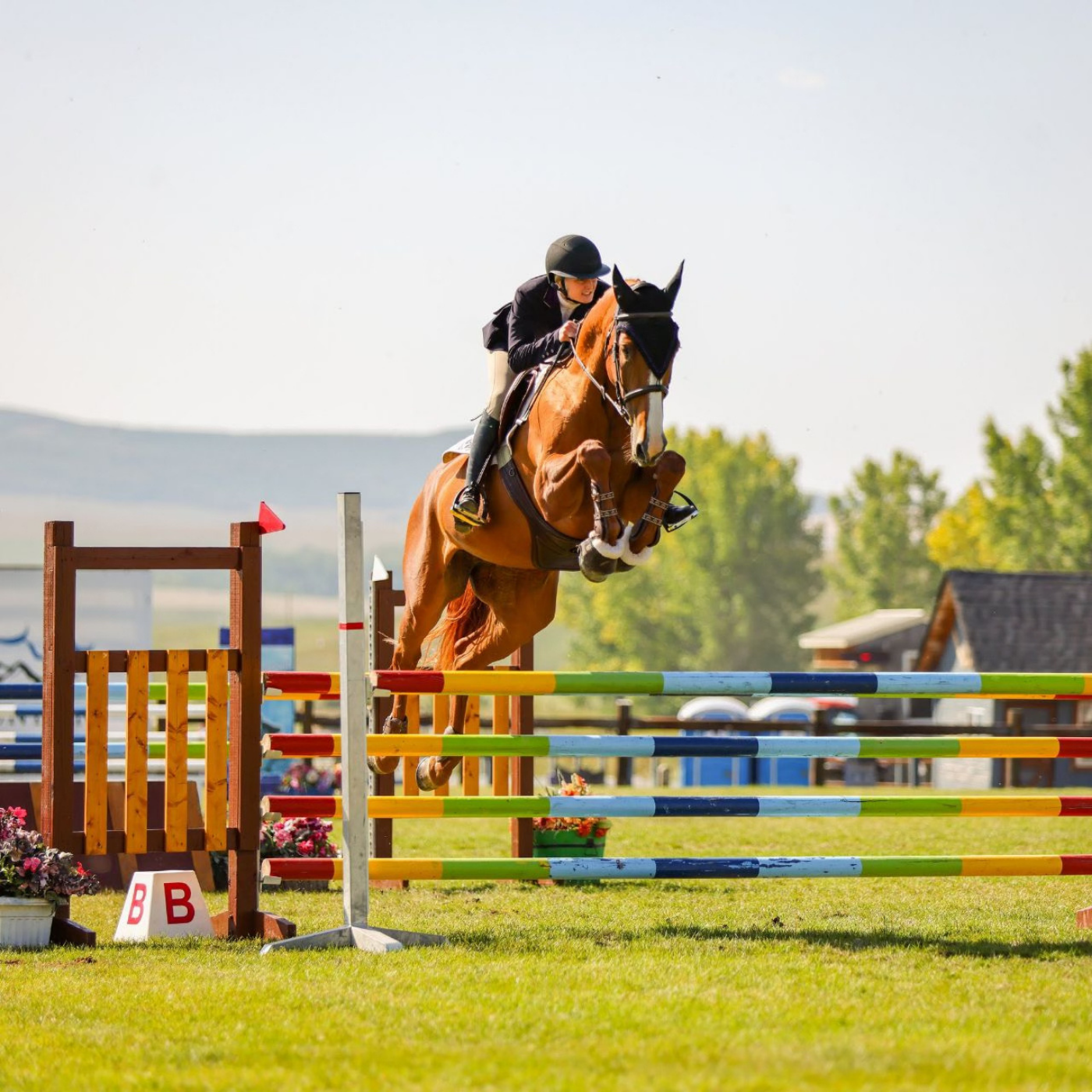 Jamie Speers and Corvette Z jumping a rainbow vertical at a horse show.