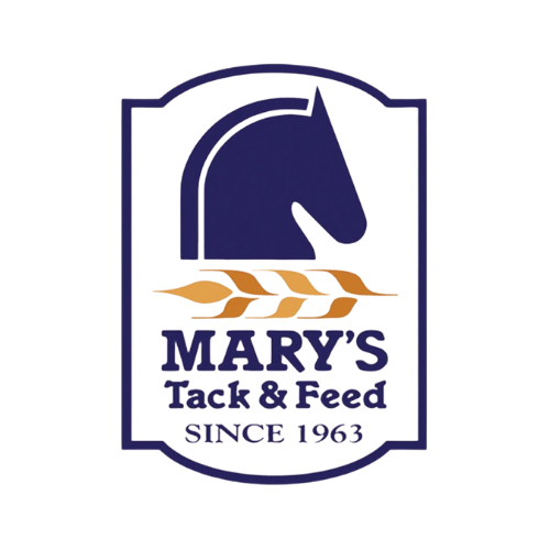 Logo of Mary's Tack & Feed with a horse silhouette and text on a white background