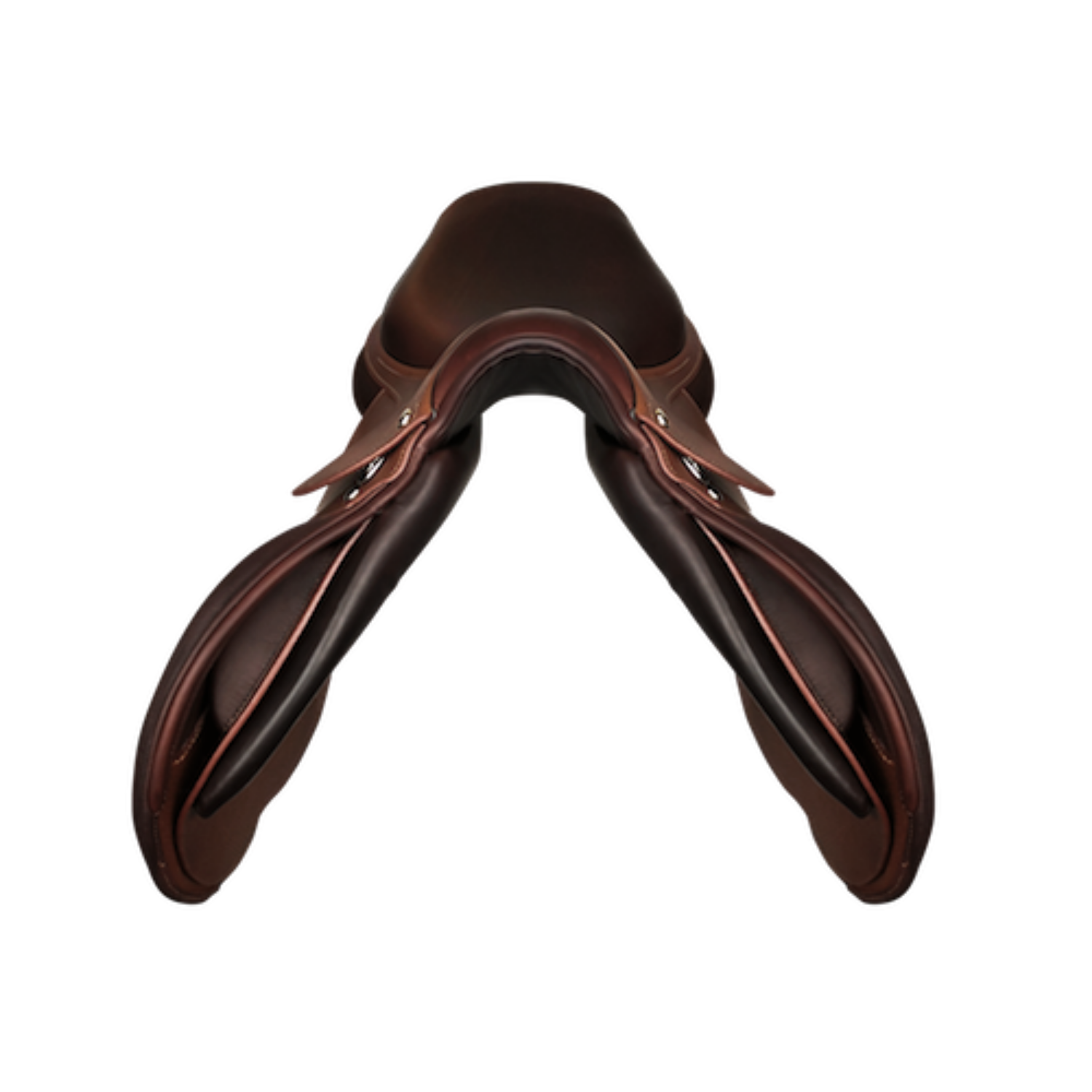 Front view of a brown grain leather Meyer Act 1 jump saddle.