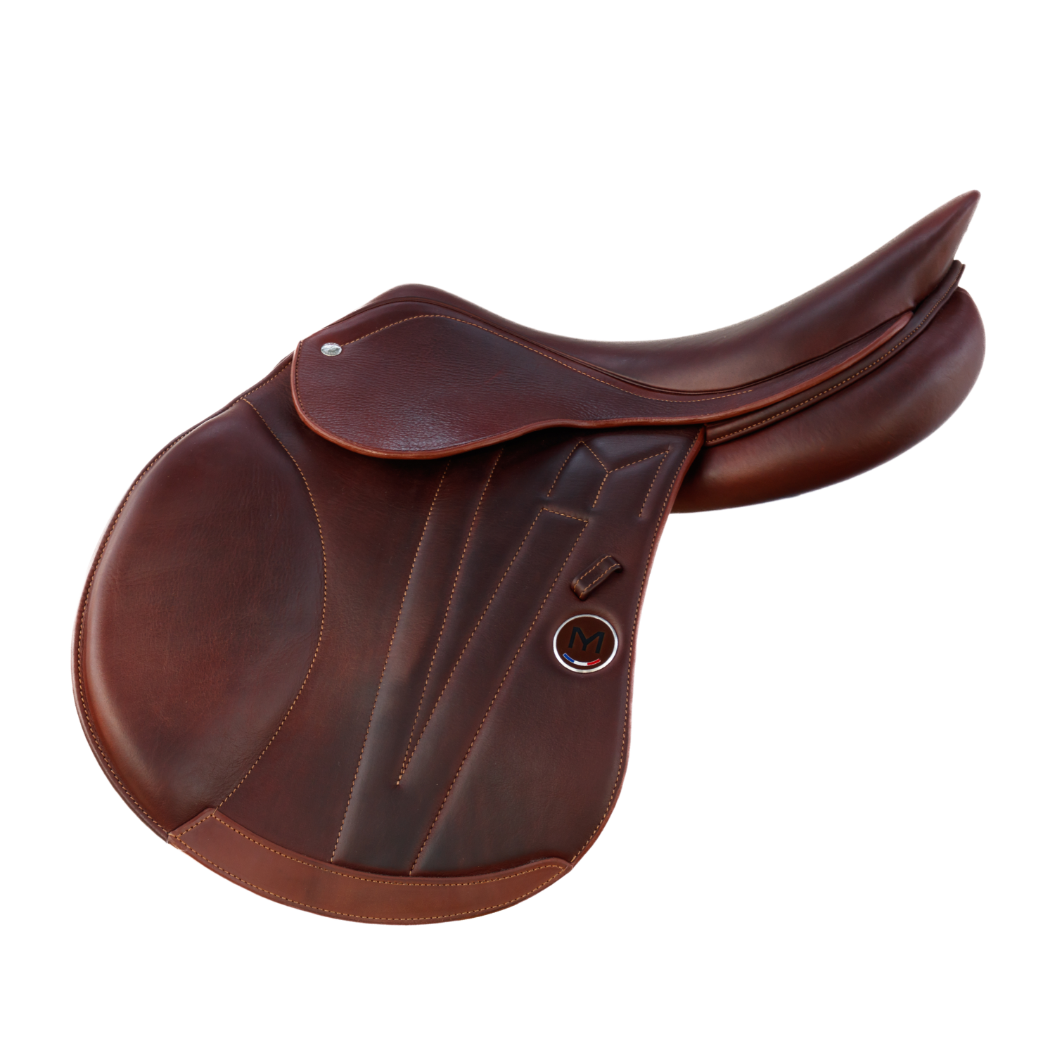 Side view of a brown calfskin leather Meyer Act 2 jump saddle with a circular brown badge featuring a black letter 'M' and a small French tricolor detail.