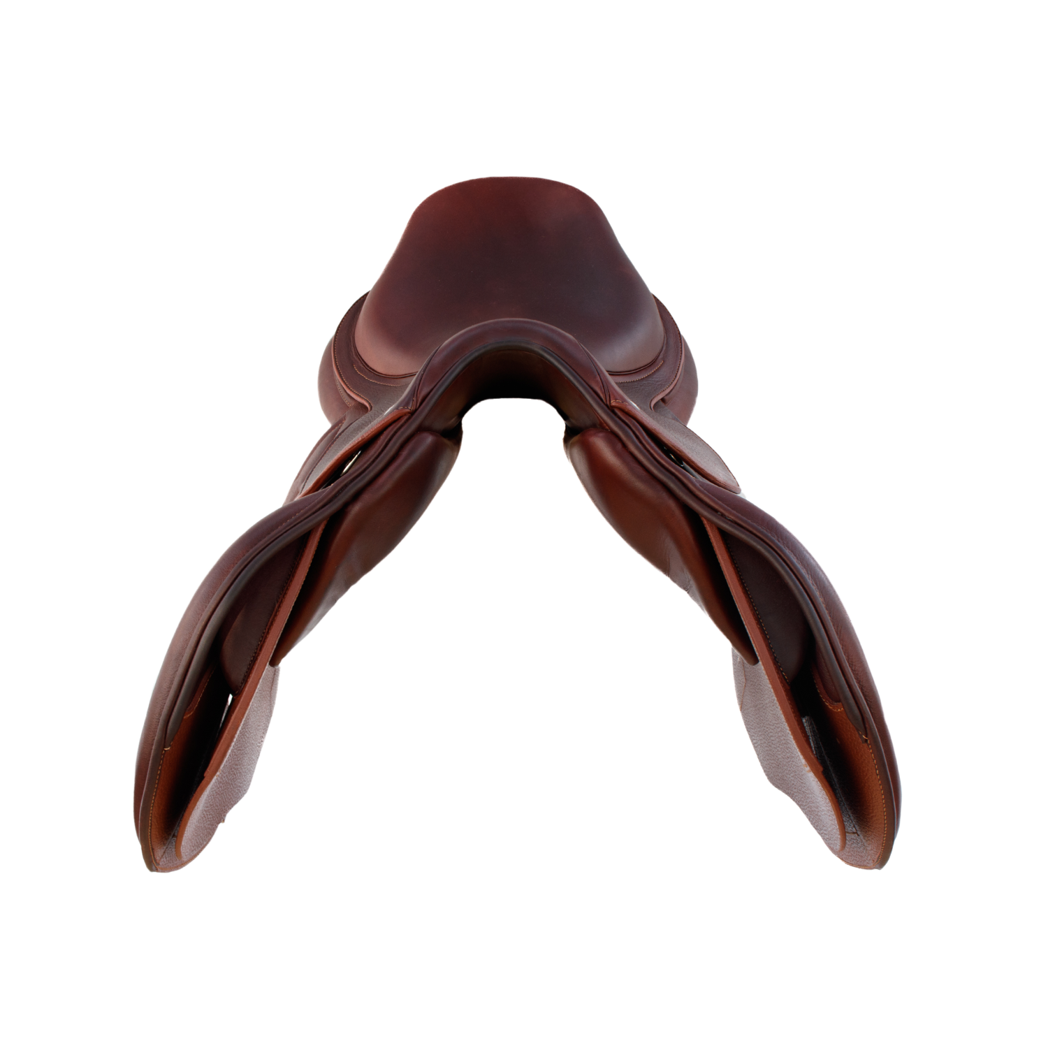 Front view of a brown calfskin leather Meyer Act 2 jump saddle with cutback panels.