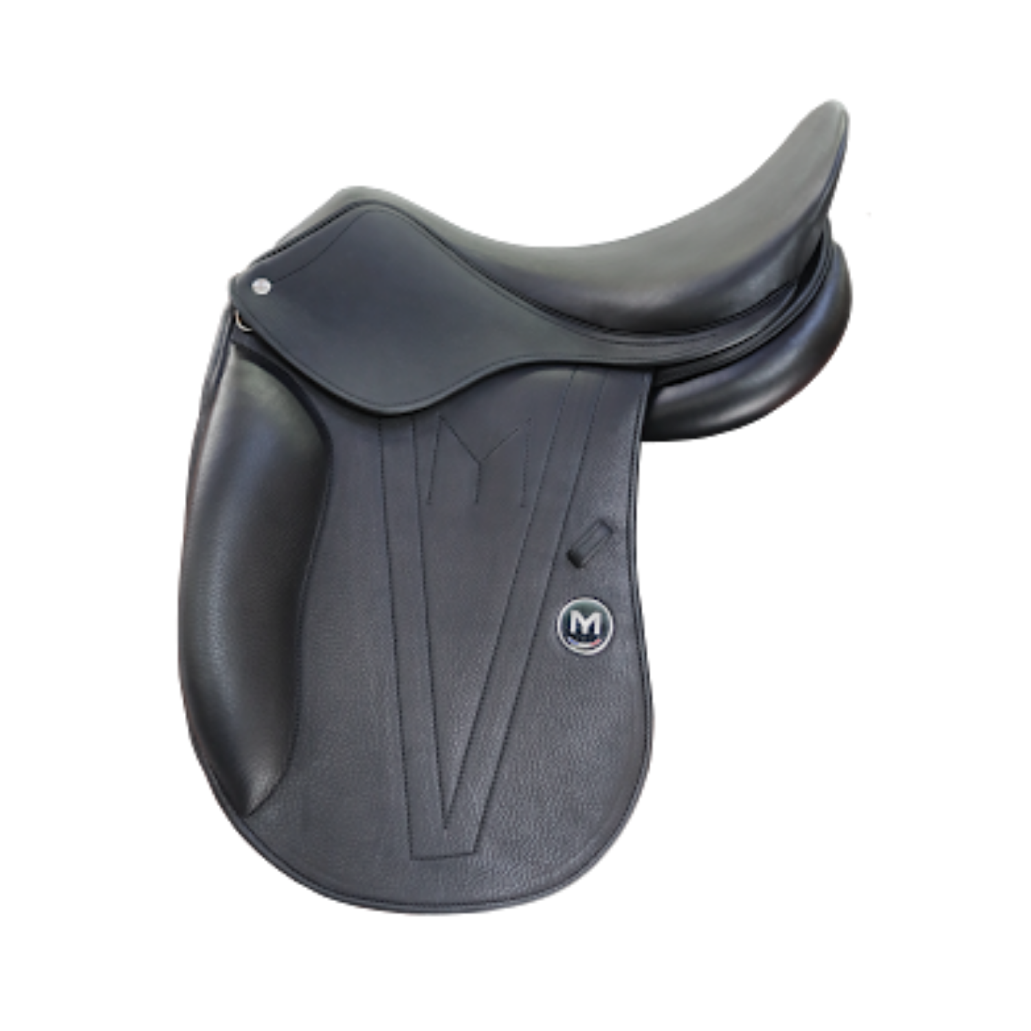 Side view of a black calfskin leather Meyer dressage saddle with a circular black badge featuring a white letter 'M' and a small French tricolor detail.