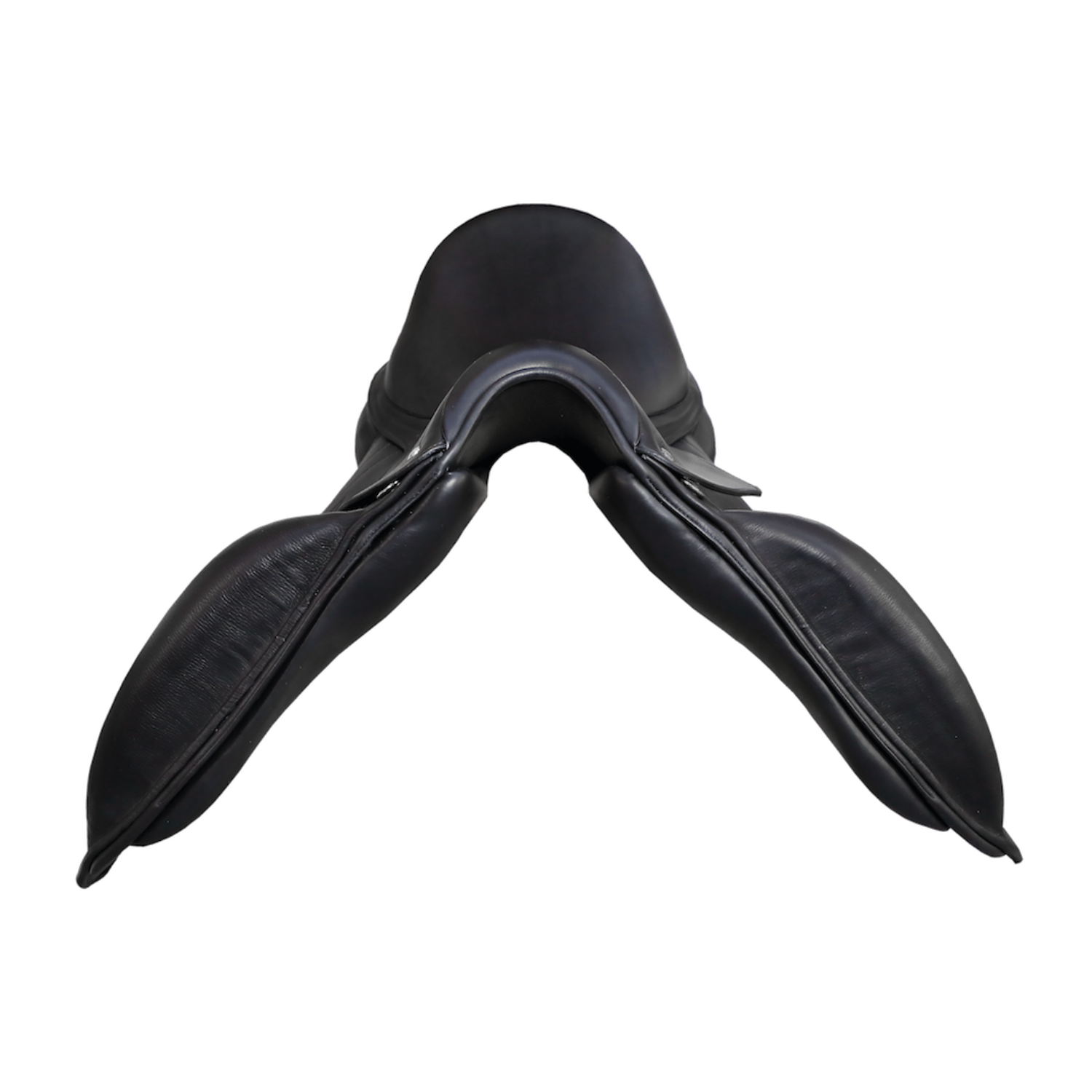 Front view of a black calfskin leather Meyer dressage saddle.