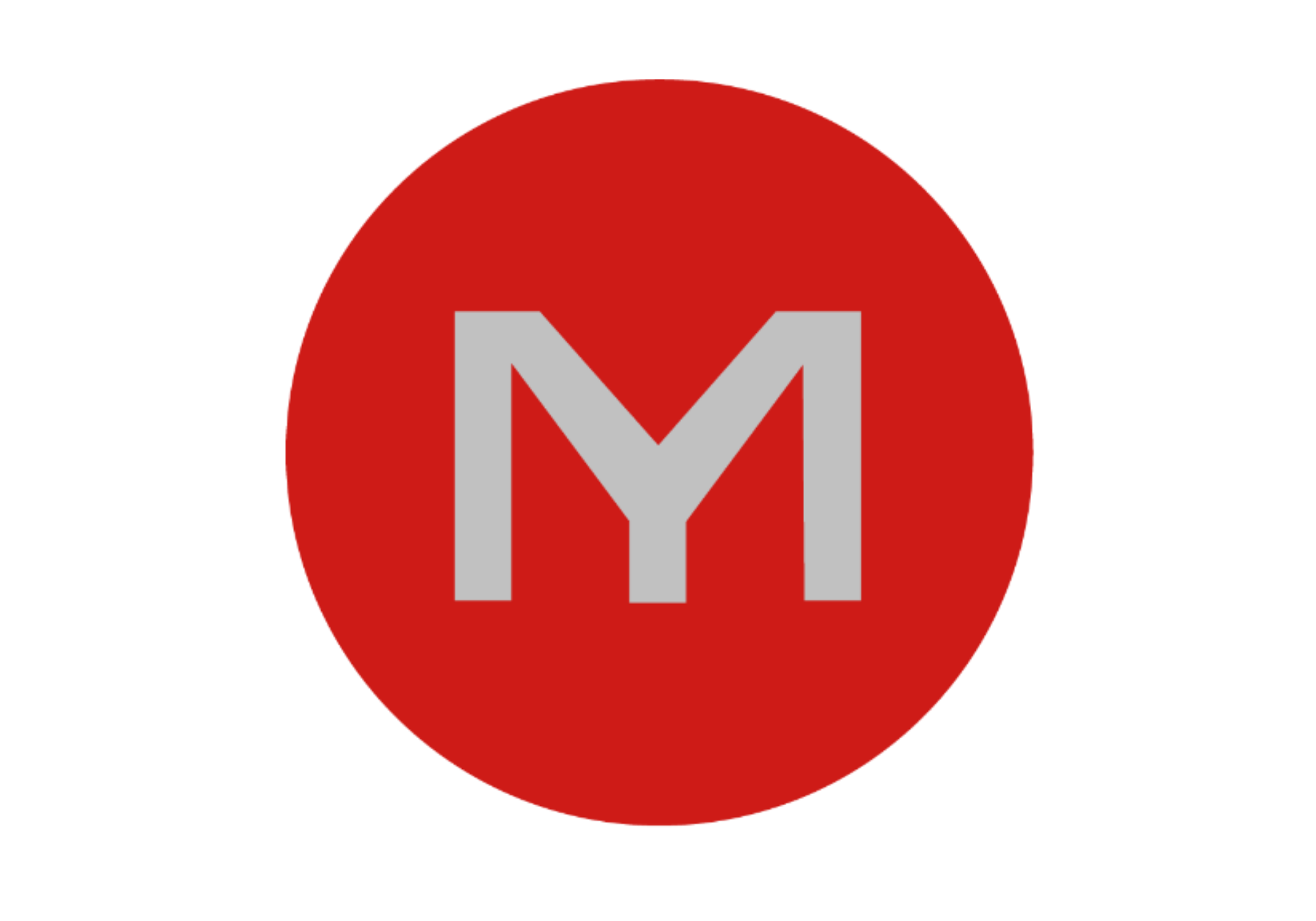 A red circular logo containing a stylized gray letter M on a plain white background.