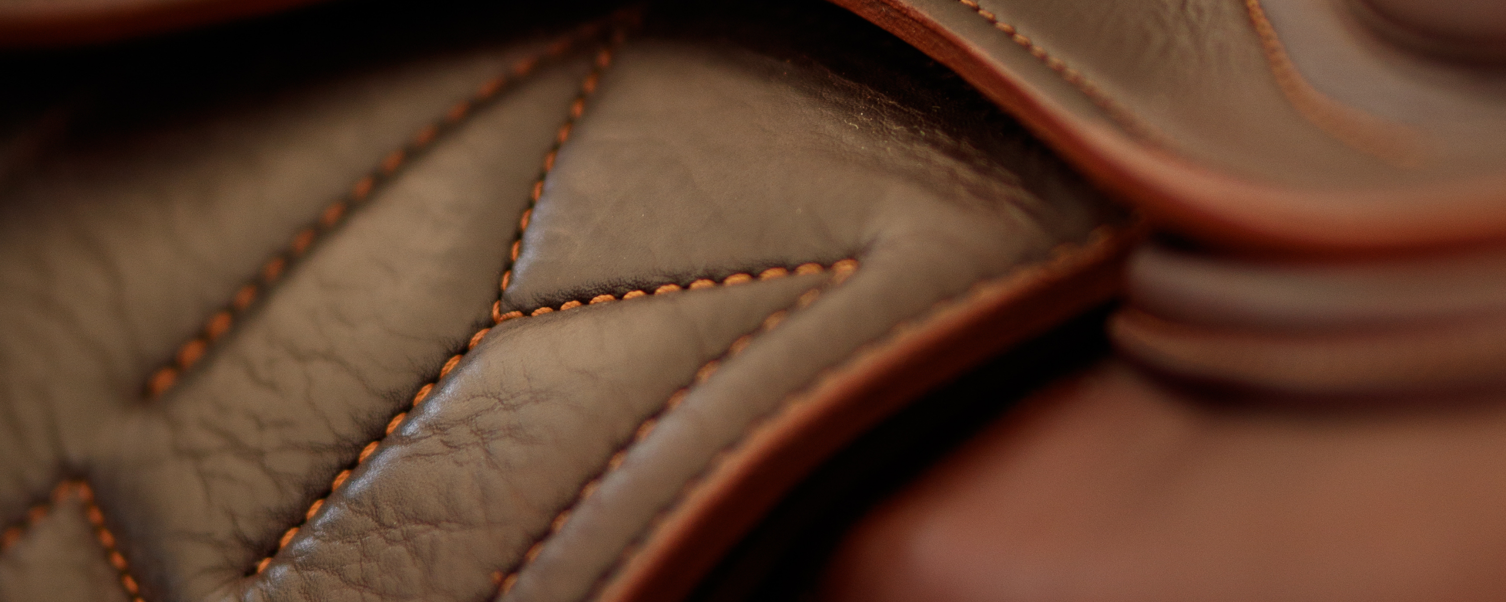 Close-up of brown leather Meyer saddle with stitched "M" detail on the flap.