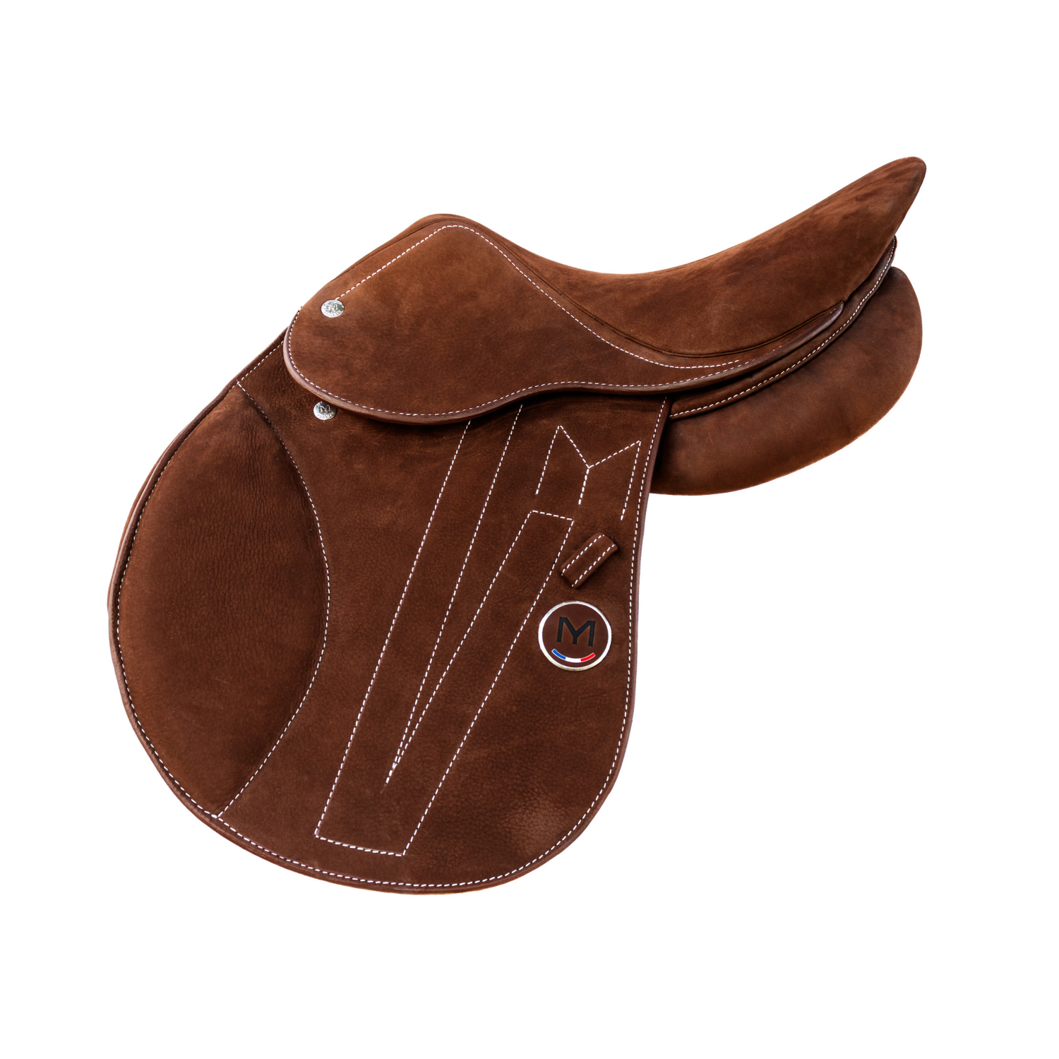 Side view of a brown buffalo leather Meyer Zephyr jump saddle with white contrast stitching and a circular brown logo featuring a black M and small French tricolour detail, shown on a plain white background.