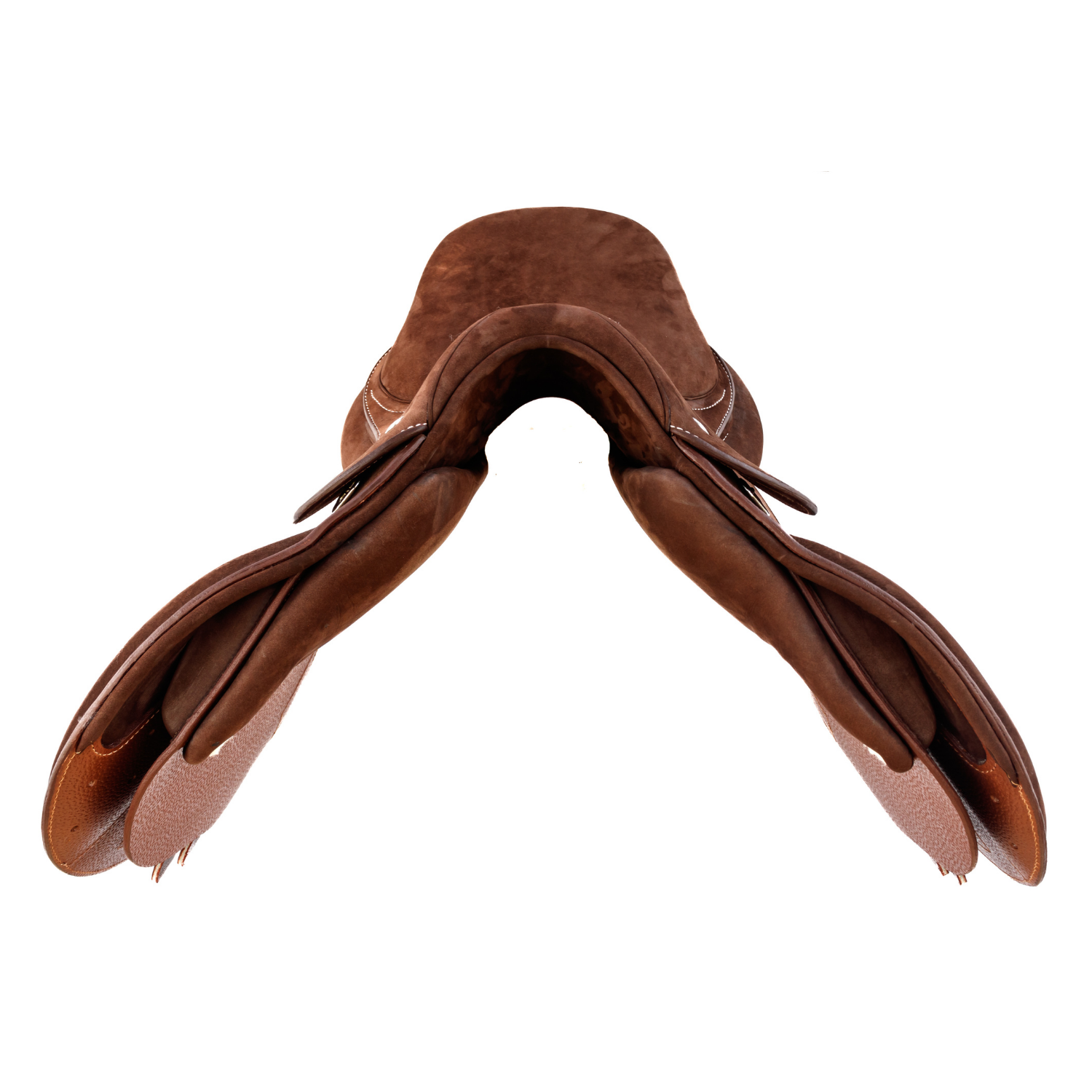 Front view of a brown buffalo leather Meyer Zephyr jump saddle