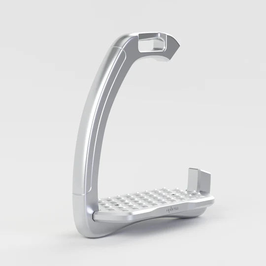 A silver Ophena safety stirrup photographed with the rubber outer branch removed, against a white background