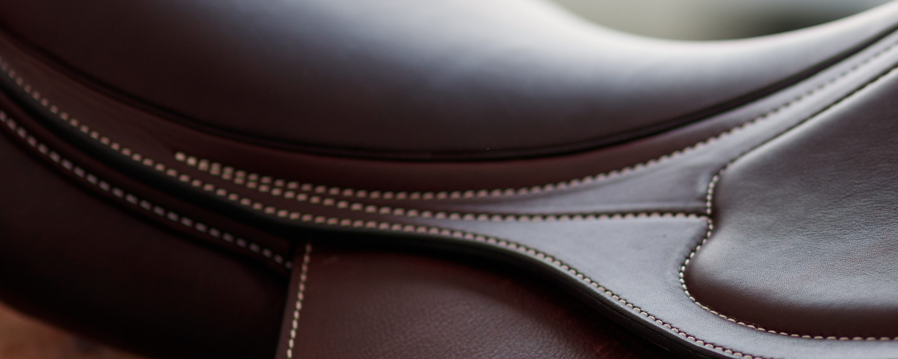 Close-up of a dark brown leather saddle with white contrast stitching.