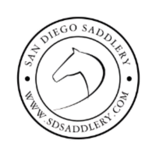 Logo of San Diego Saddlery with a horse silhouette in the center on a white background.