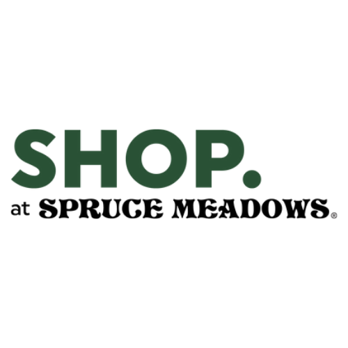 "SHOP." in big green letters with "at spruce meadows" written below in black