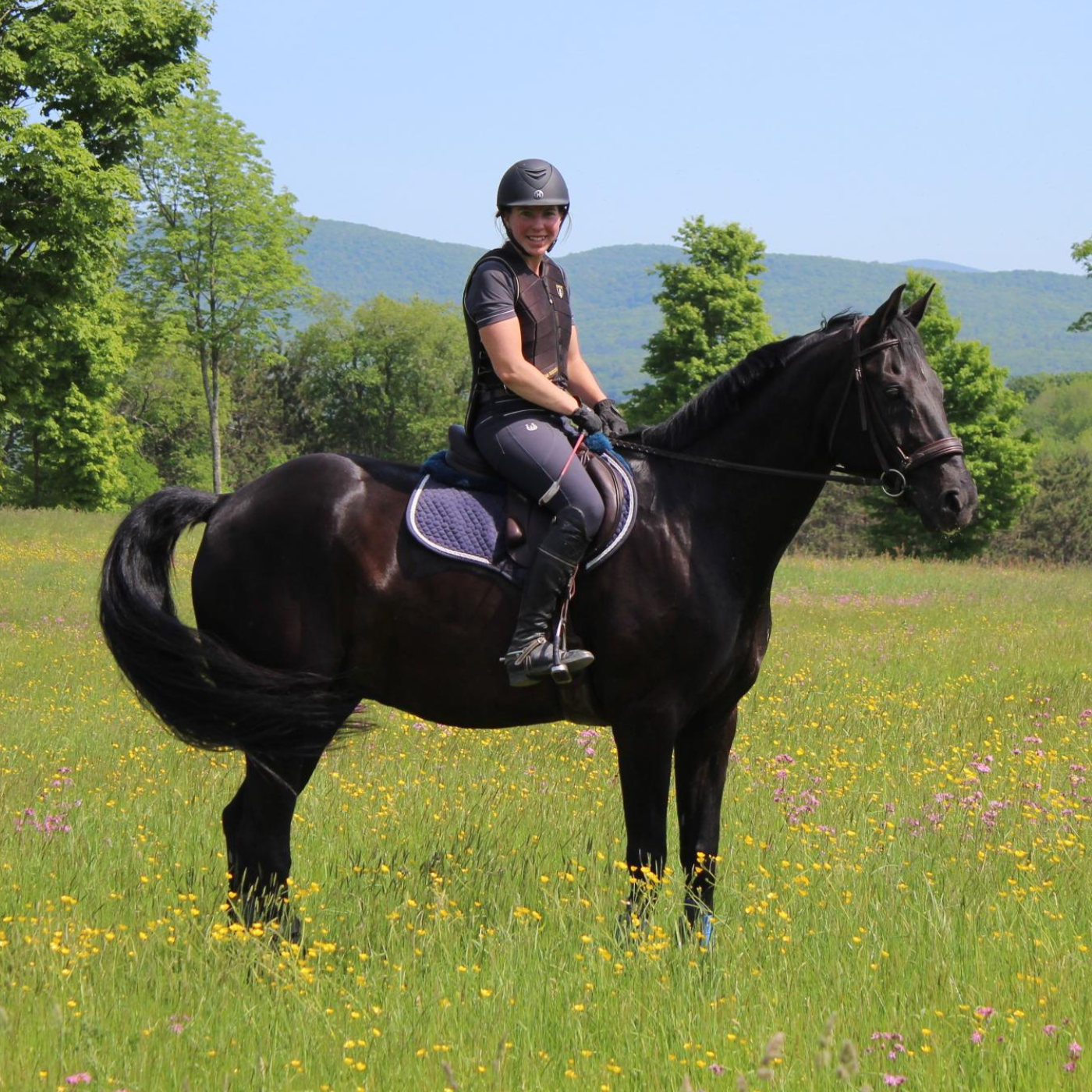 Person riding a black horse in a field with greenery and mountains in the background