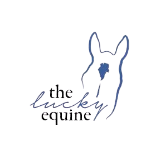 Logo of 'the lucky equine' with a stylized horse head on a white background