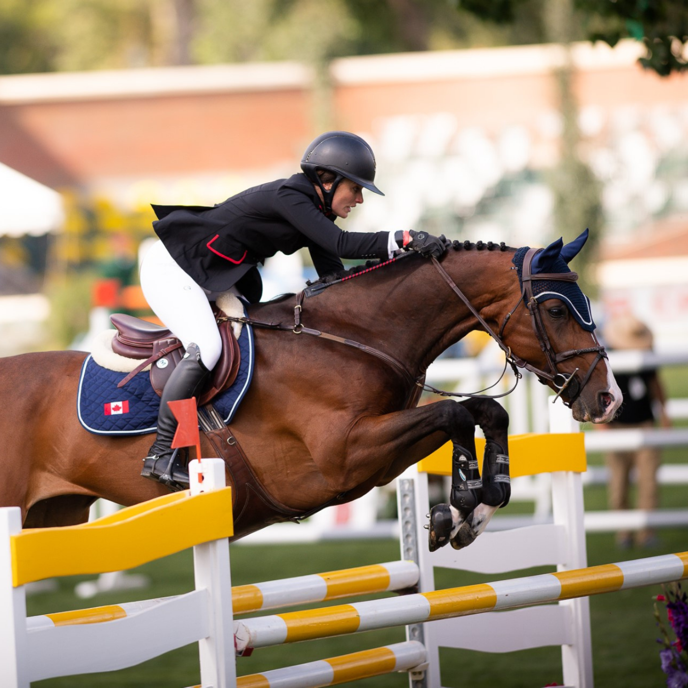 Vanessa Mannix and Carmela jumping over a white and yellow oxer while competing at Spruce Meadows