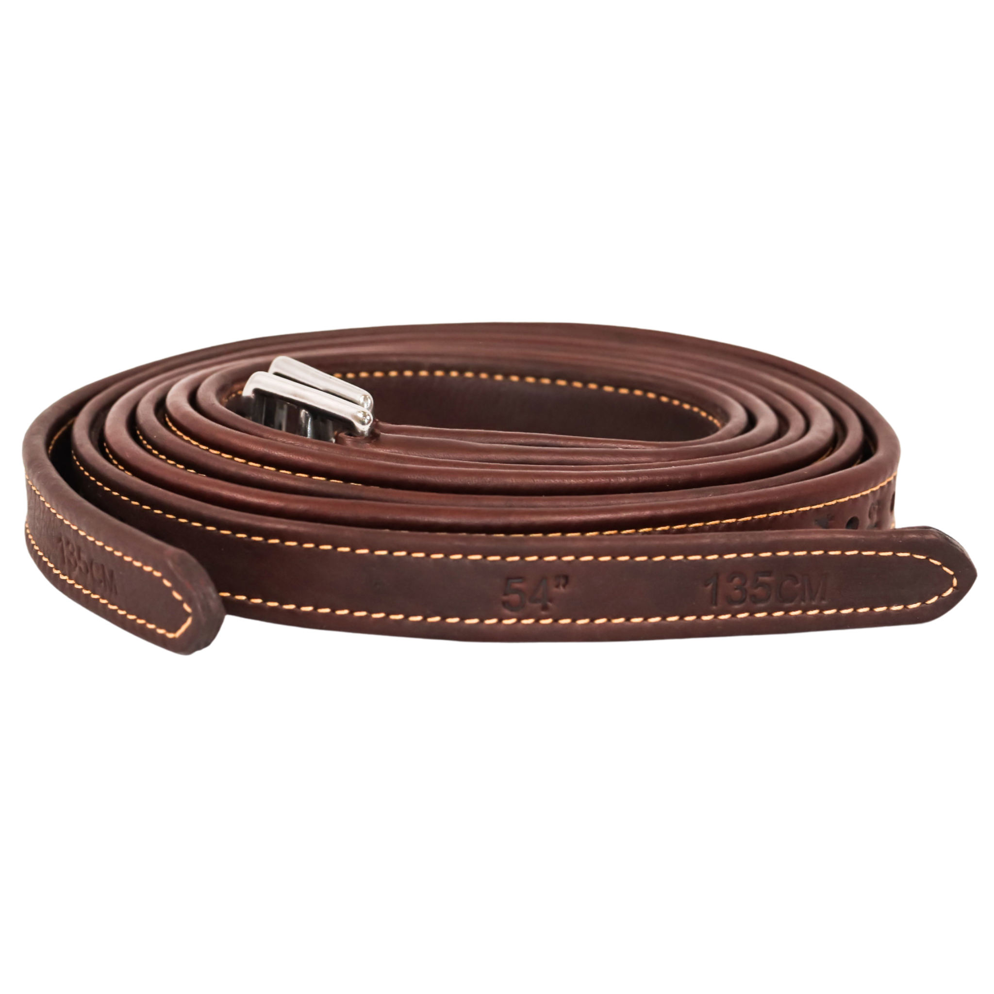 Brown Yoho rolled stirrup leathers with a white background
