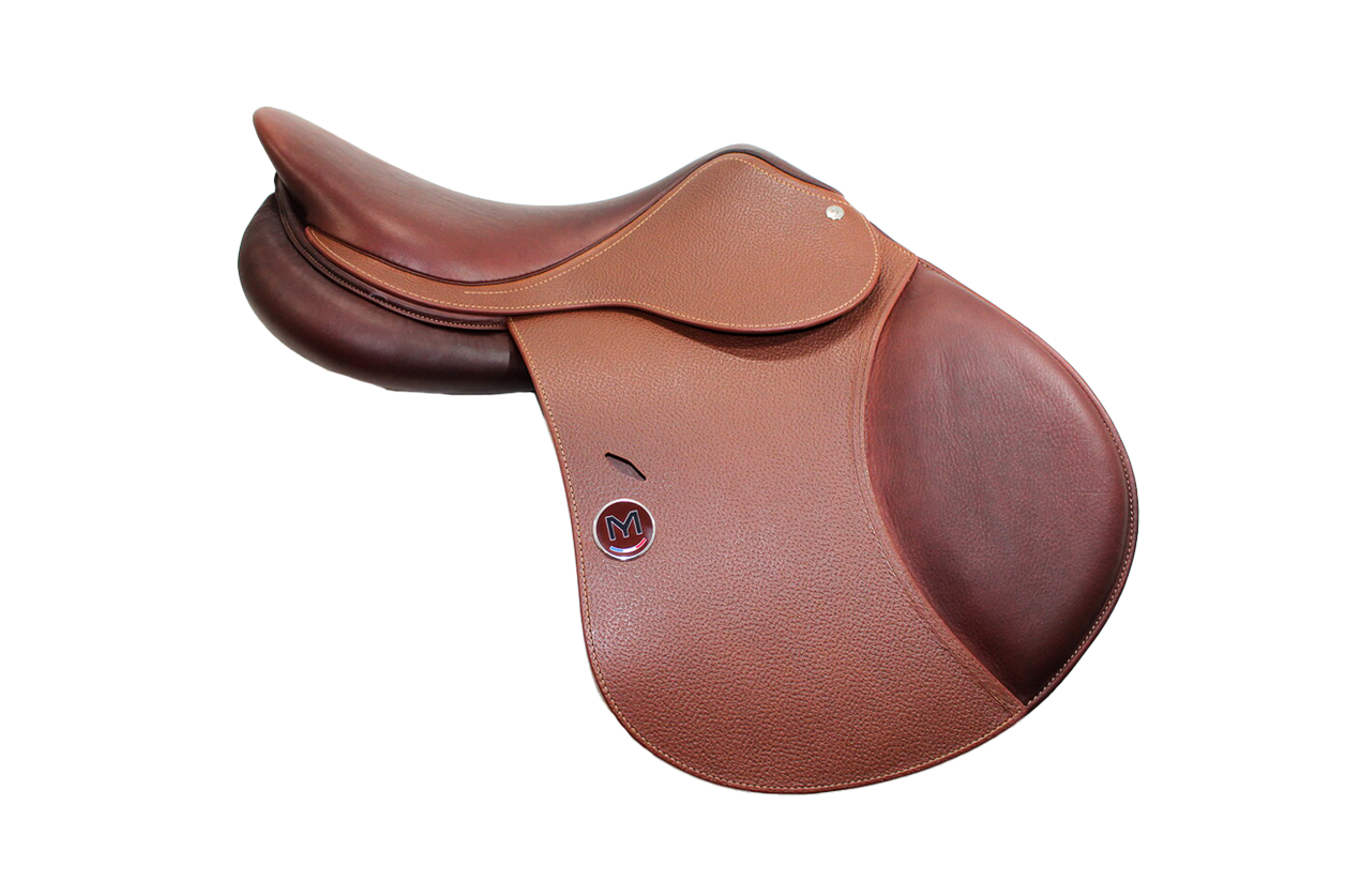 Left side profile view of a Meyer Act 2 jump saddle in brown grain calf leather, with a hunter brown Meyer logo. 